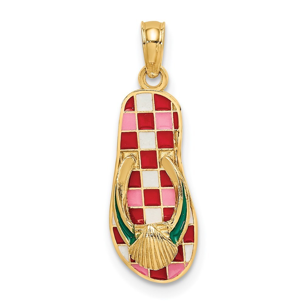 14k Yellow Gold 3d Enamel Shell Red Checkered Flip-Flop Necklace Charm Pendant
